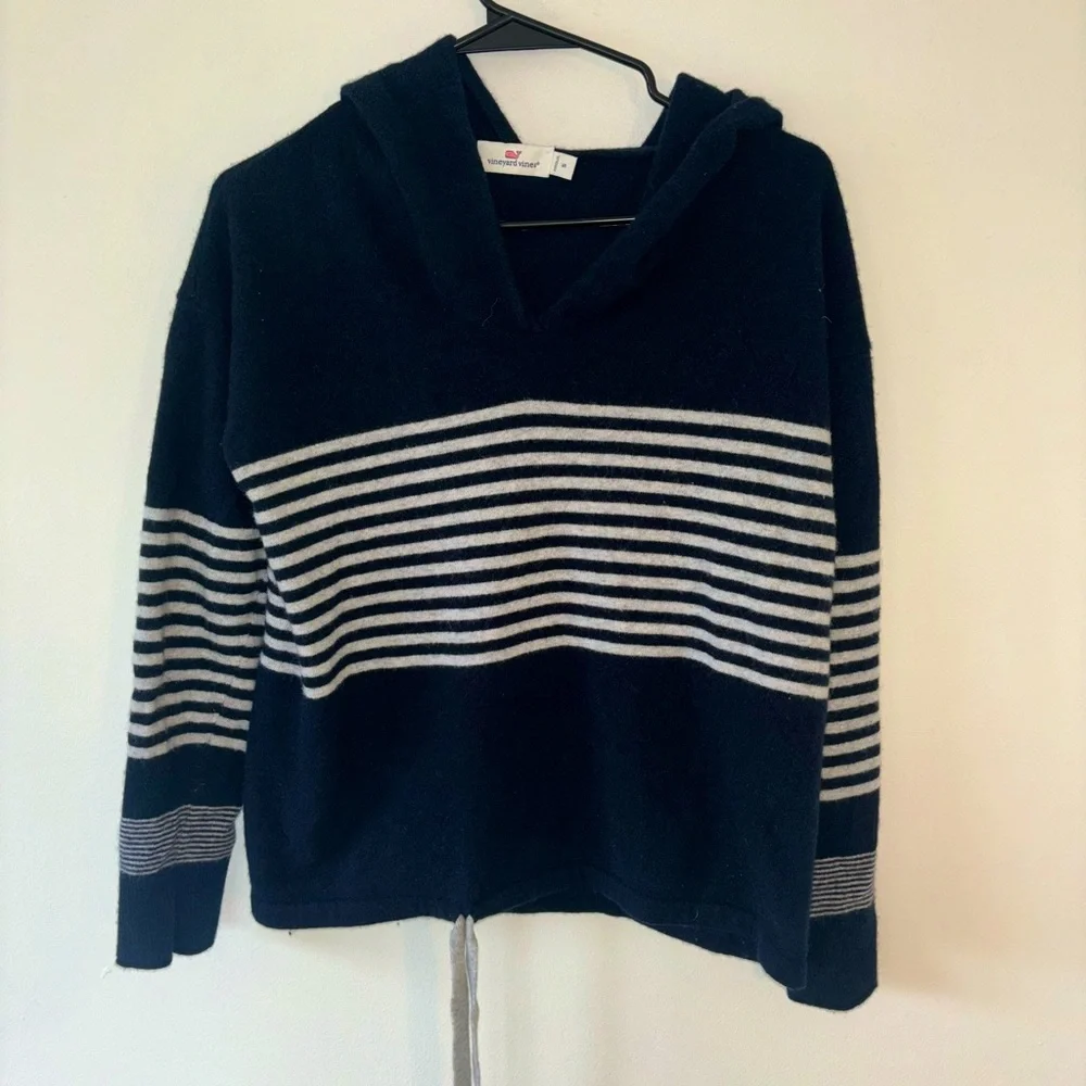 Vineyard Vines Navy Blue & White Stripe Hooded Wool Cashmere Sweater Size Small - Picture 2 of 12